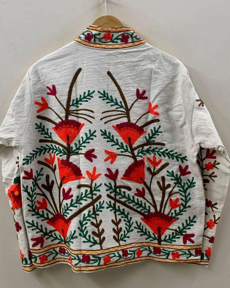 White Bohemian Cotton Jacket, Floral Suzani Embroidery, Short Floral Coat Bohozani