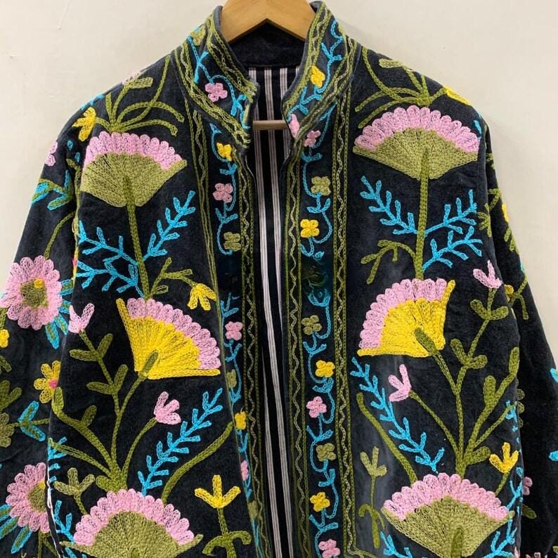 Embroidered Velvet Suzani Jacket | Boho Floral Cropped Outerwear Bohozani