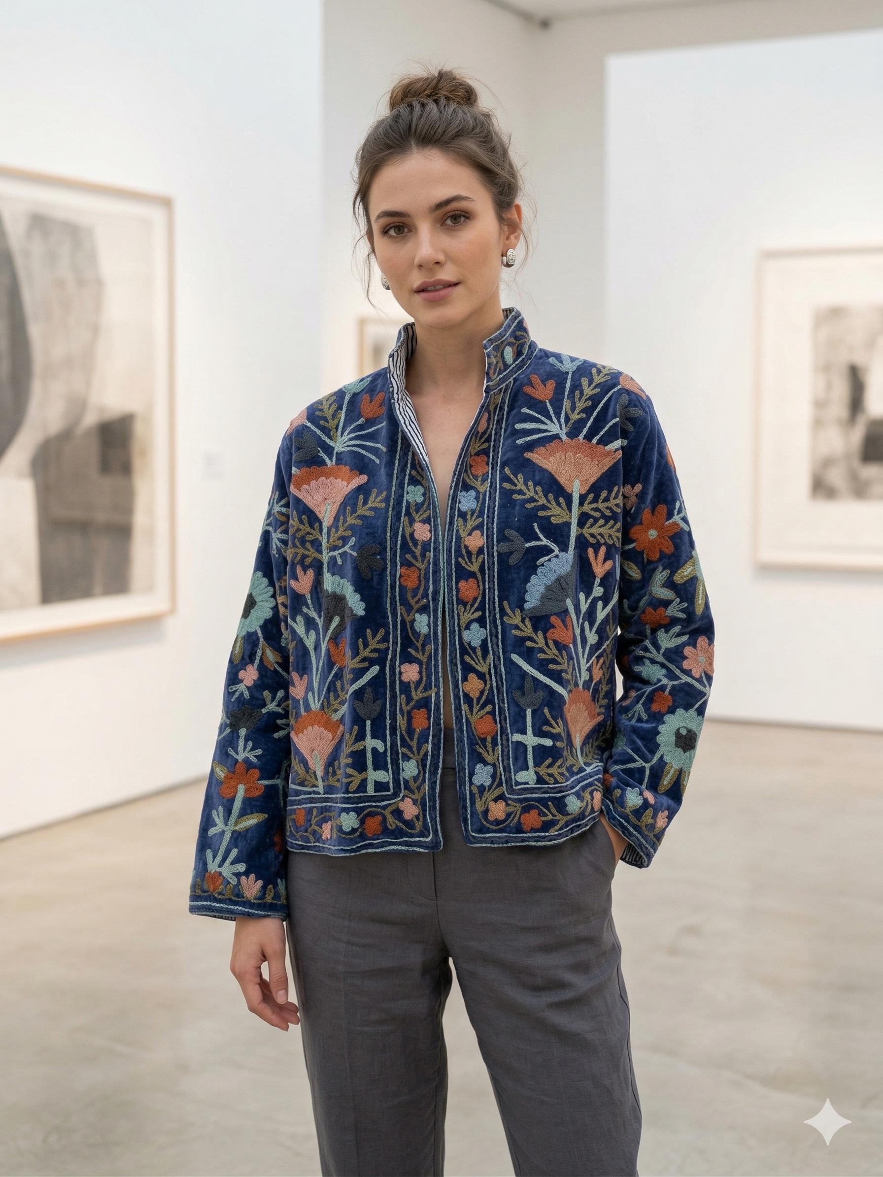 Embroidered Velvet Cropped Jacket | Colorful Floral Suzani Outerwear Bohozani
