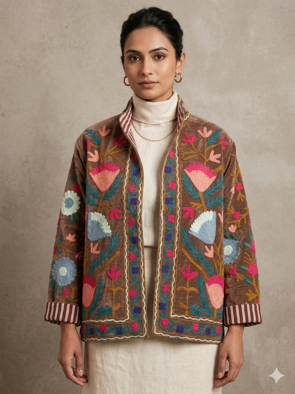 Embroidered Velvet Cropped Jacket | Colorful Suzani Floral Outerwear, Boho Style Bohozani