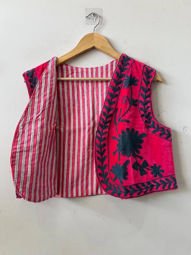 Pink Velvet Suzani Embroidered Vest with Belt | Boho Festival Waistcoat Jacket Bohozani