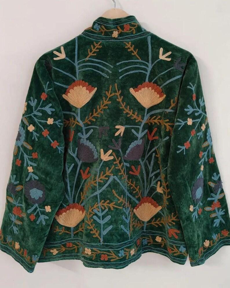 Green Velvet Suzani Embroidered Coat | Boho Folk Jacket Bohozani