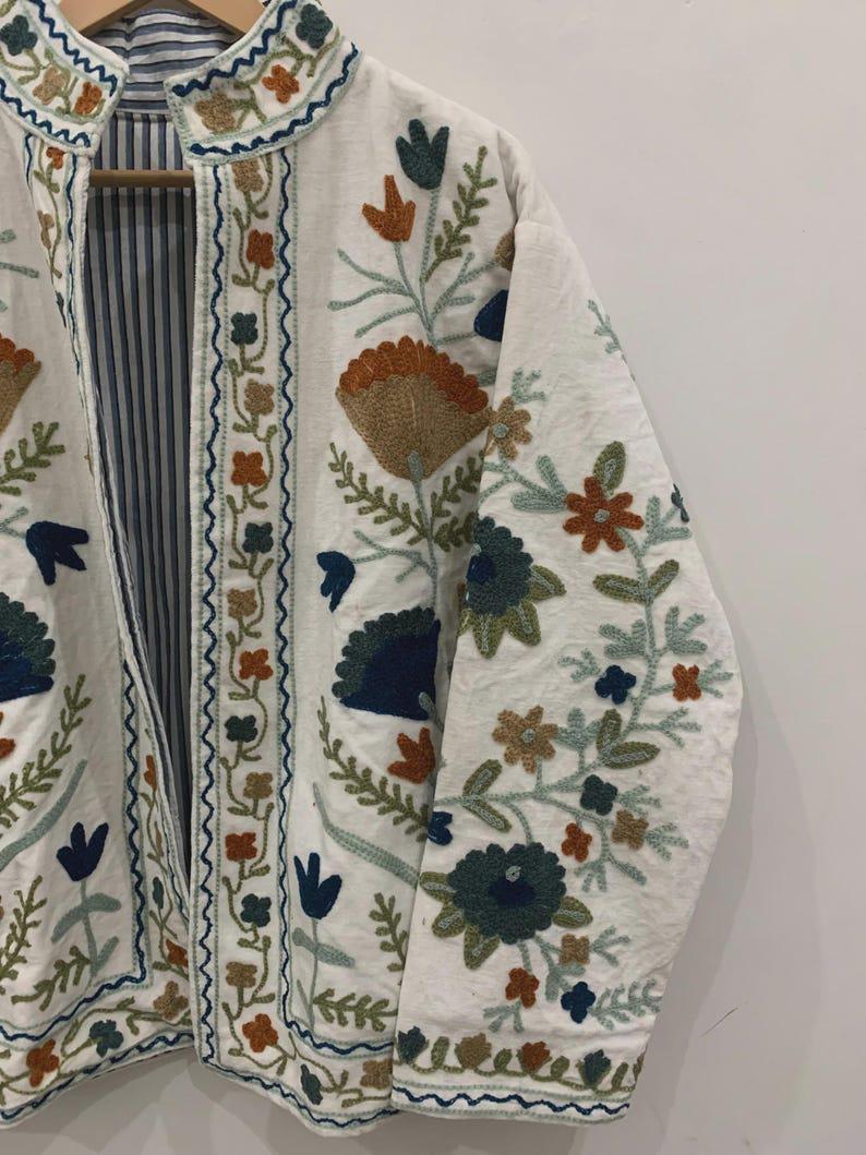 Handmade White Velvet Suzani Embroidered Jacket Bohozani
