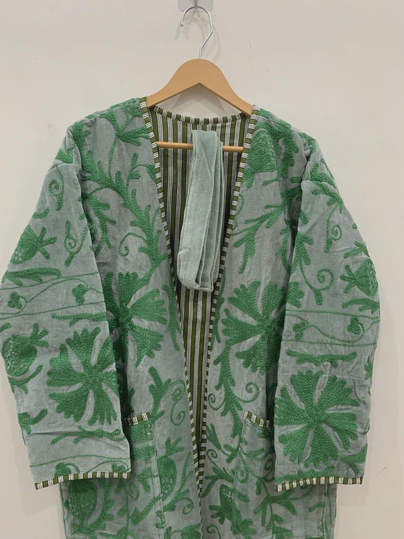 Hand-Embroidered Velvet Kimono Robe | Green Floral Boho Uzbek Duster Jacket Bohozani