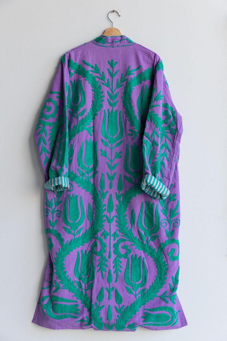 Purple Hand Embroidered Suzani Kaftan – Organic Cotton Boho Kimono Coat Bohozani