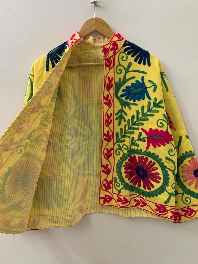 Yelow Suzani Embroidered Velvet Jacket – Boho Floral Kimono Coat Bohozani