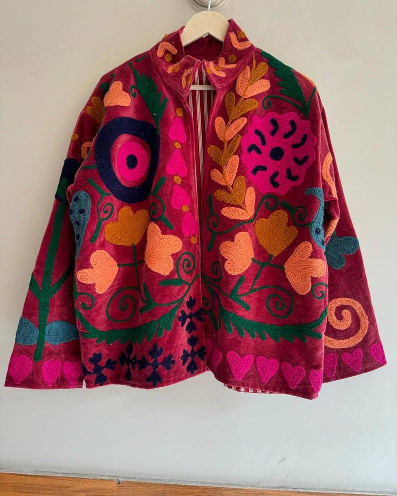 Handmade Suzani Velvet Coat | Embroidered Floral Bohemian Jacket Bohozani