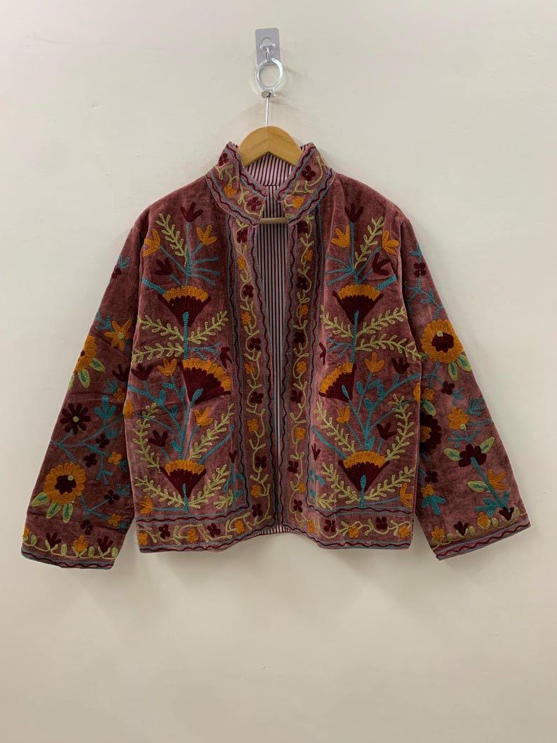 Suzani Embroidered Velvet Jacket | Handmade Short Bohemian Festival Coat Bohozani
