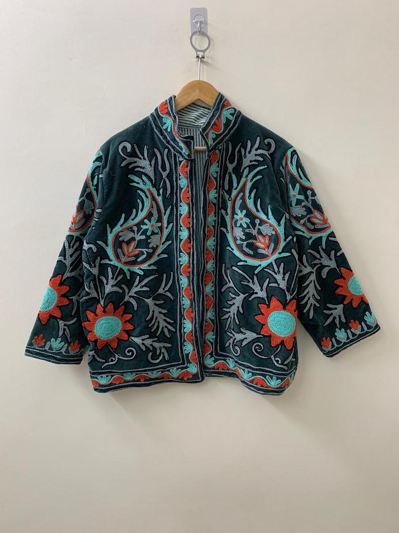 Vintage Velvet Suzani Jacket | Embroidered Floral Uzbek Coat, Boho Festival Outerwear Bohozani