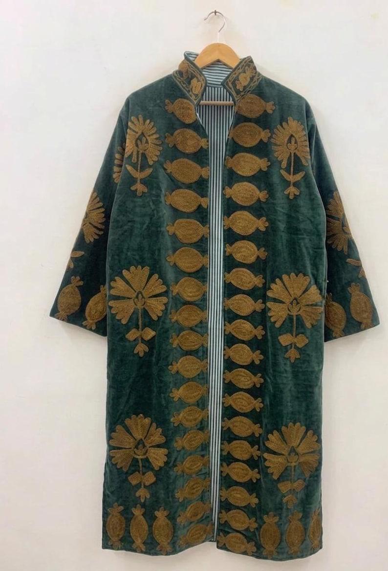 Green Velvet Suzani Kimono Jacket | Hand-Embroidered Boho Coat, Uzbek Duster, Belted Kaftan Robe Bohozani