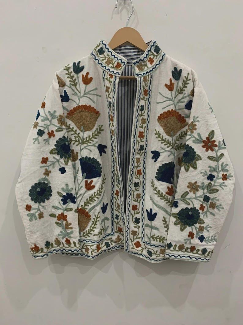 Handmade White Velvet Suzani Embroidered Jacket Bohozani