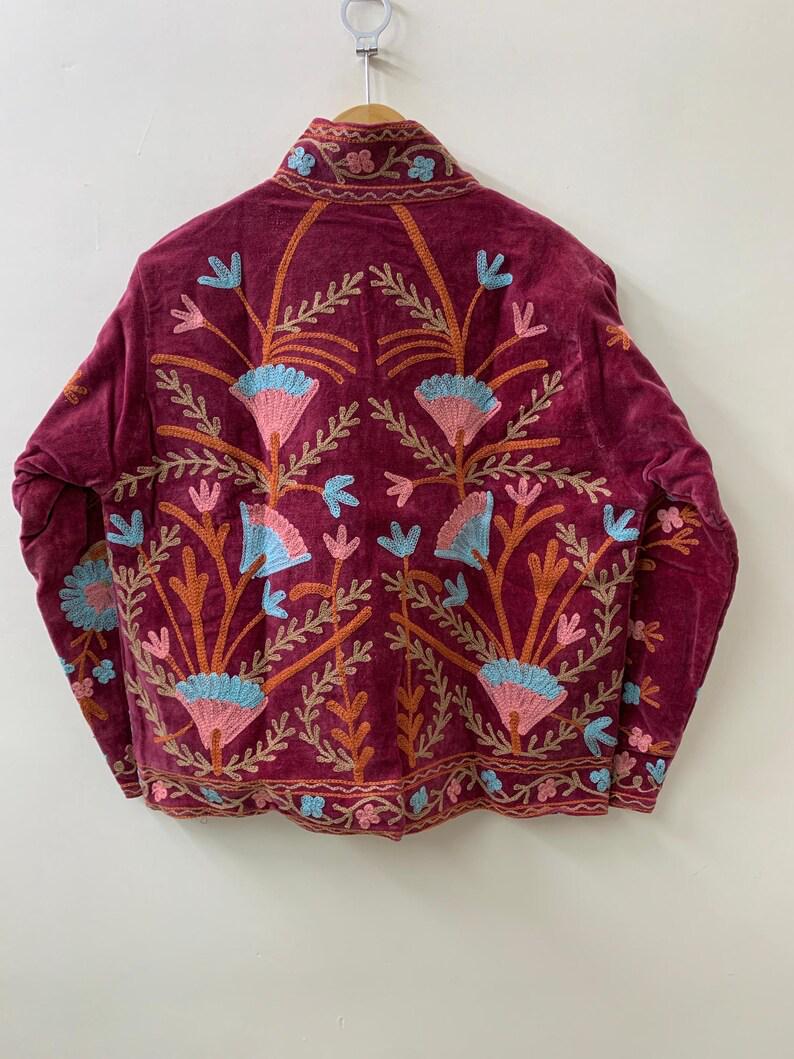 Handmade Red Velvet Suzani Jacket | Embroidered Bohemian Cropped Coat Bohozani