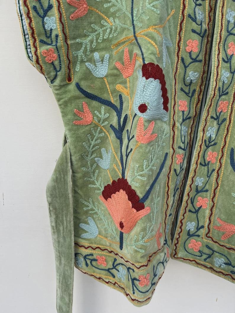 Green Velvet Suzani Embroidered Vest with Belt – Boho Festival Waistcoat Bohozani