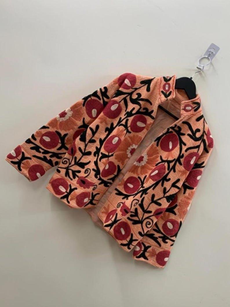 Embroidered Cotton Velvet Suzani Jacket, Floral Folk Art Boho Coat Bohozani
