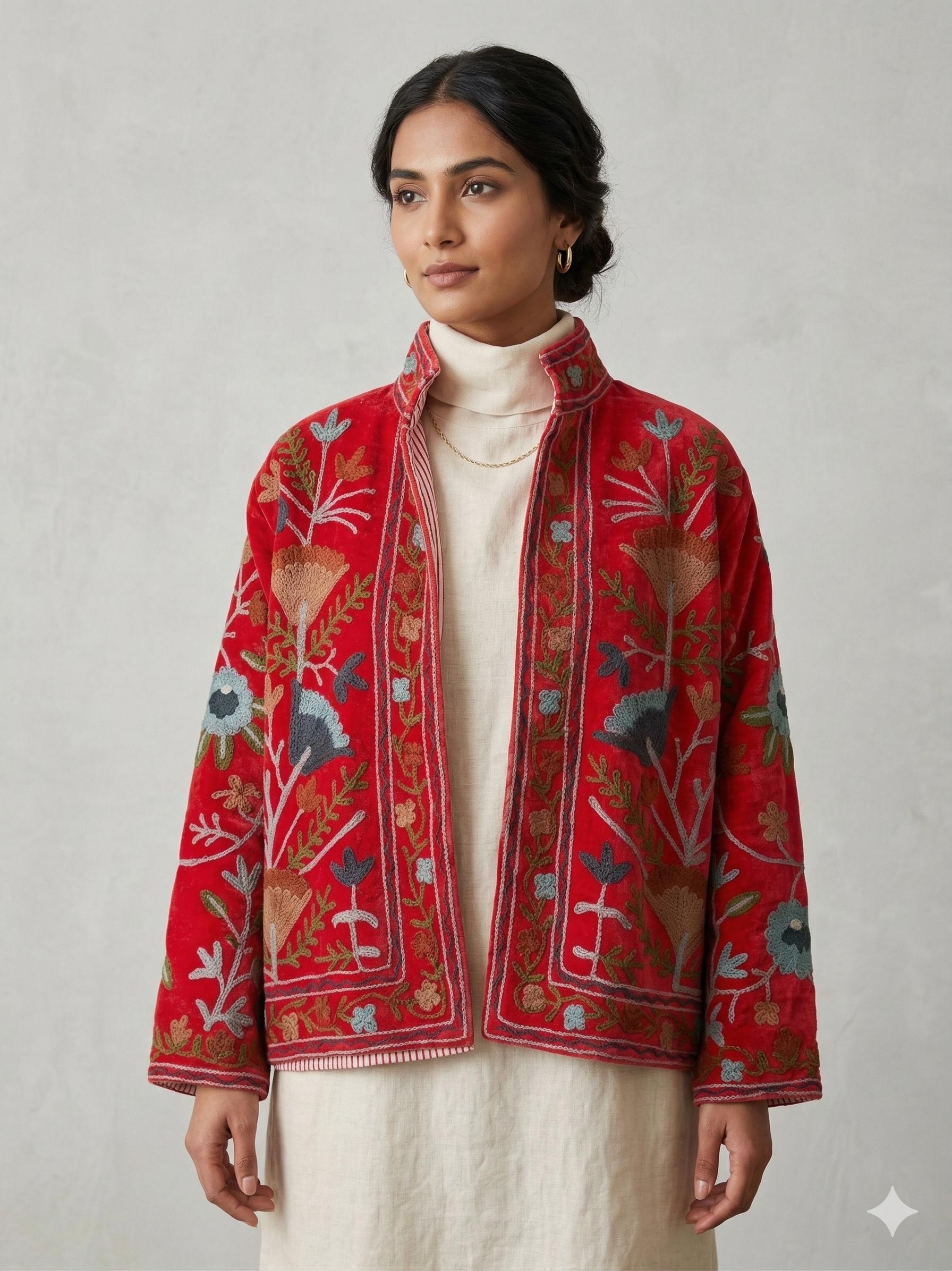 Handmade Floral Velvet Suzani Embroidered Jacket Bohozani