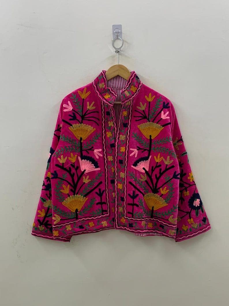 Vintage Velvet Suzani Jacket – Hand-Embroidered Boho Ethnic Kimono Outerwear Bohozani