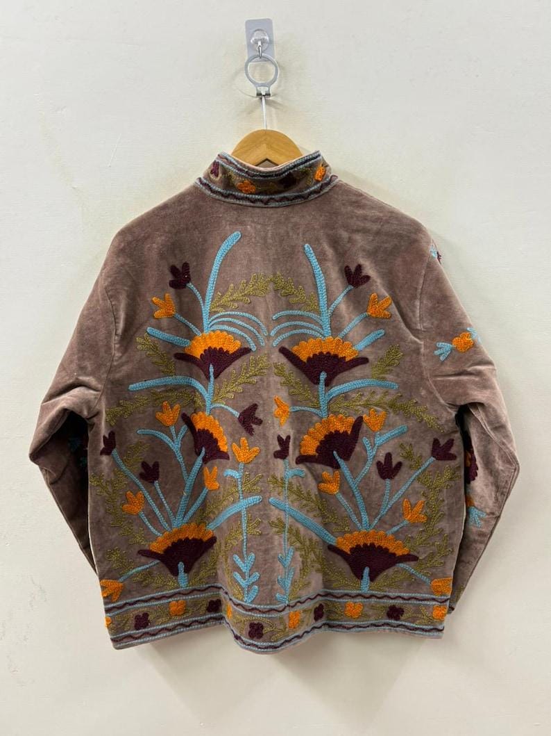 Velvet Suzani Embroidered Kimono Jacket | Uzbek Artisan Coat Bohozani