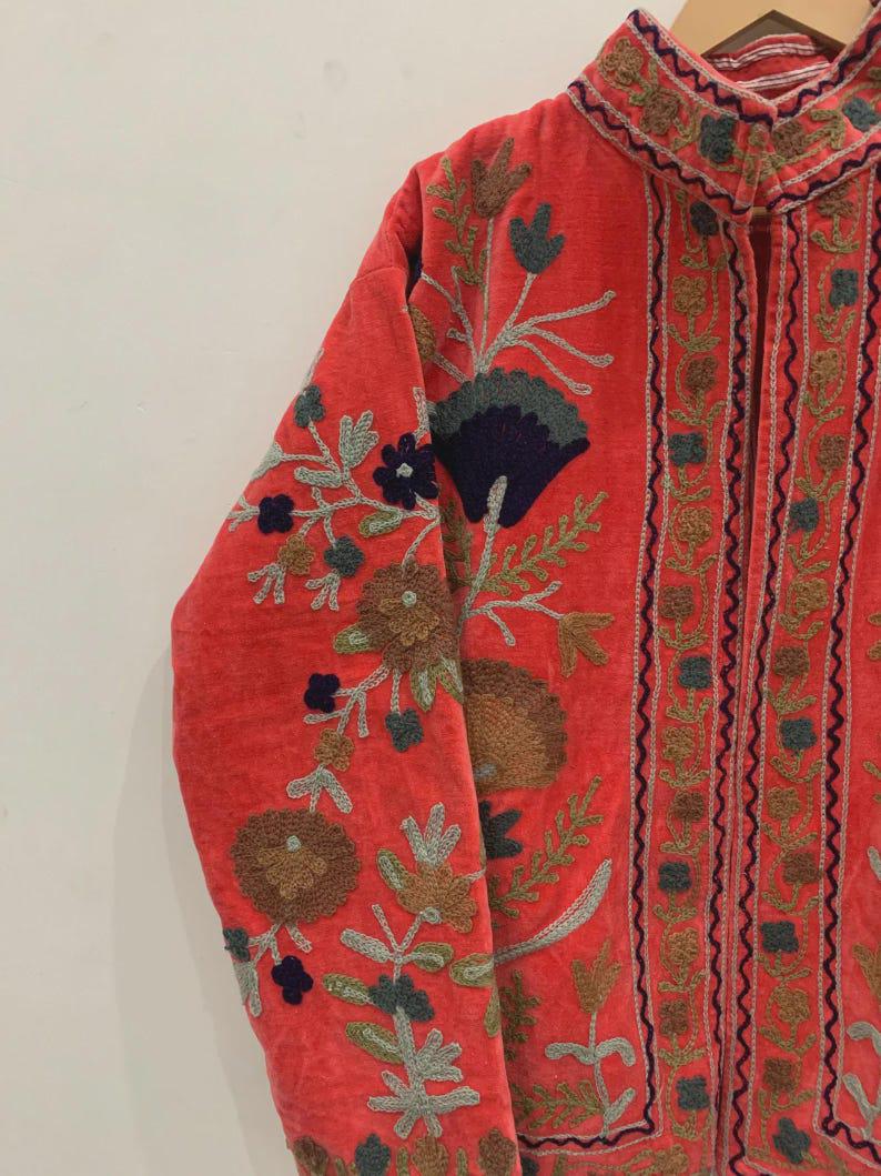 Red Embroidered Velvet Suzani Jacket | Cropped Bohemian Coat |Gift For Her Bohozani