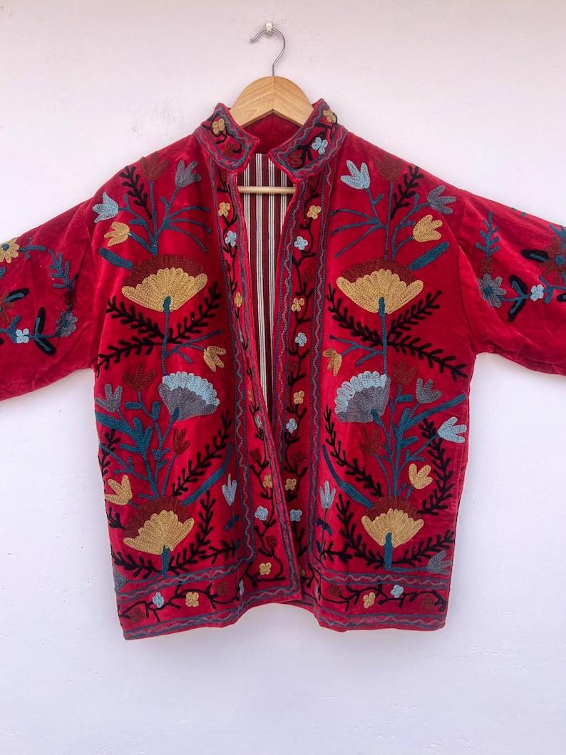 Floral Hand Embroidered Velvet Suzani Coat | Duster Boho Jacket | Gift For Her Bohozani