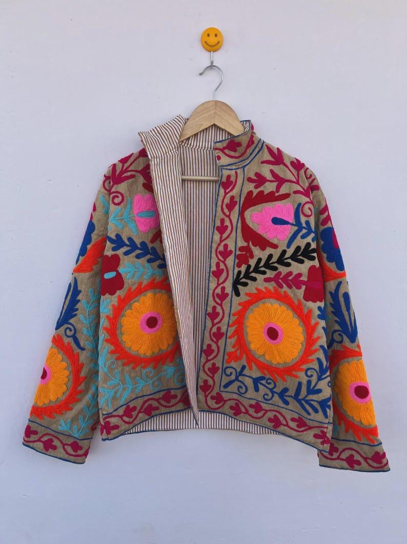 Embroidered Suzani Cotton Boho TNT Jacket | Handmade Floral Winter Coat |Gift For Her Bohozani