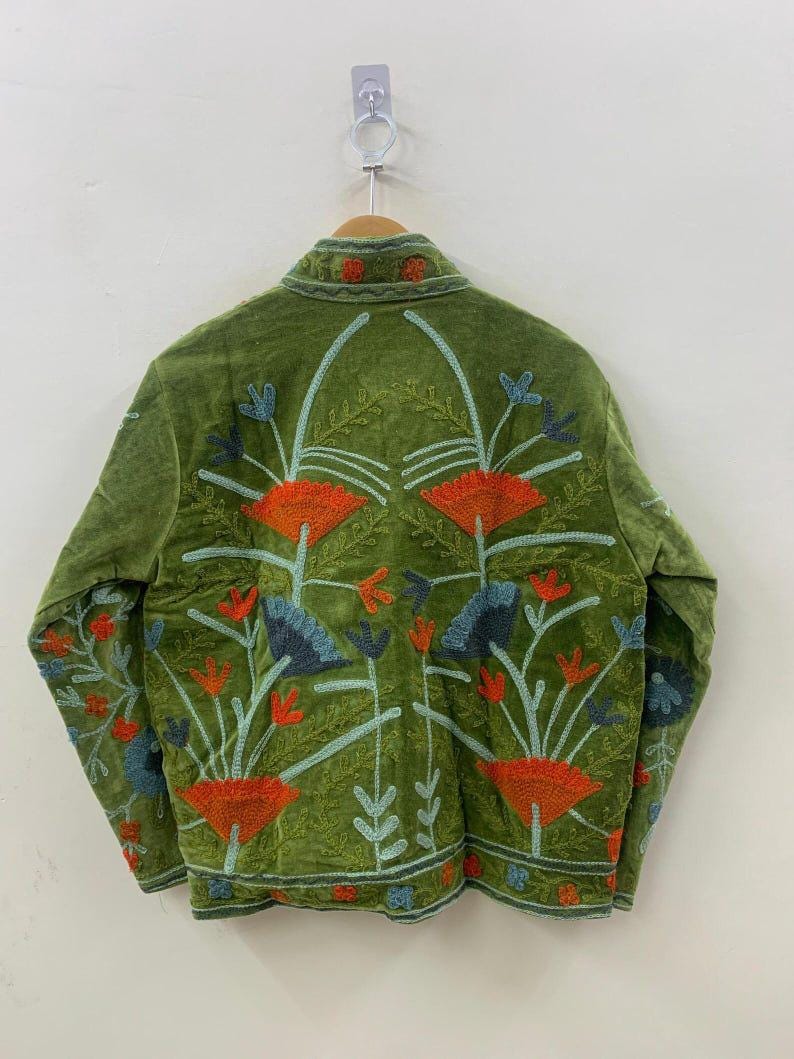 NEW COLLECTION Green Hand-Embroidered Velvet Suzani Jacket – Boho Ethnic Kimono Outerwear Mother's Day Gift Bohozani