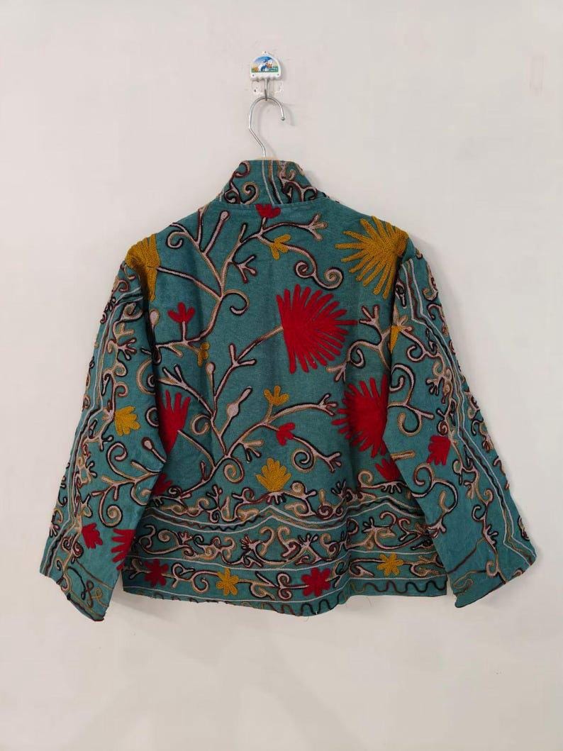 Velvet Suzani Embroidered Cropped Jacket | Uzbek Floral Bohemian Outerwear Bohozani