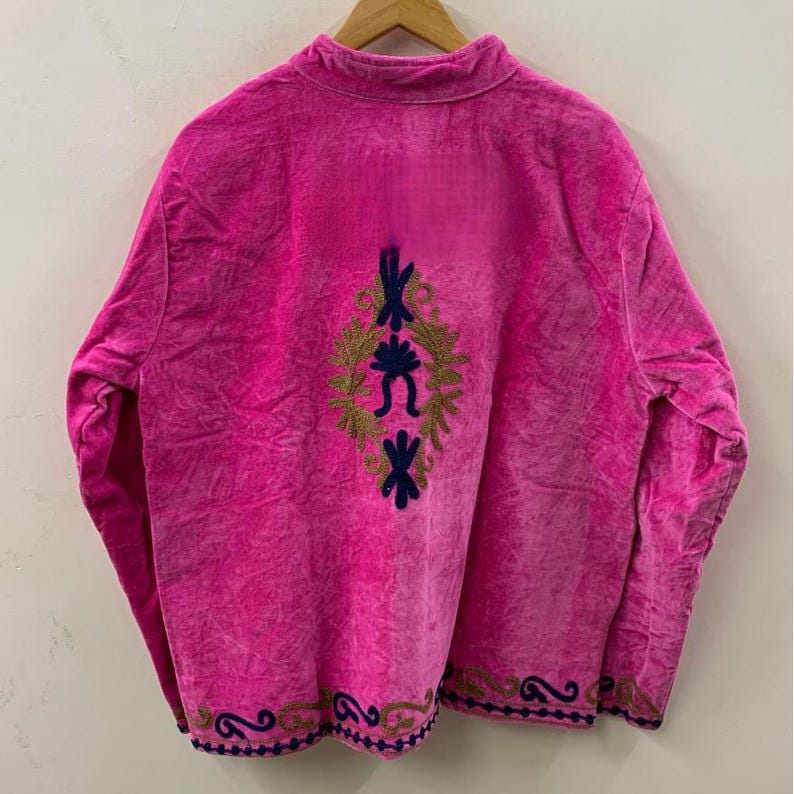 Handmade Pink Velvet Suzani Embroidered Jacket Bohozani