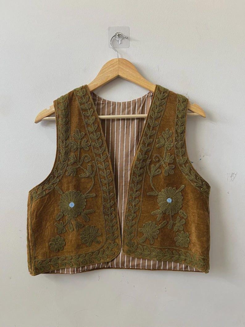 Handmade Suzani Velvet Vest | Boho Floral Embroidery Waistcoat, Ethnic Gilet Bohozani