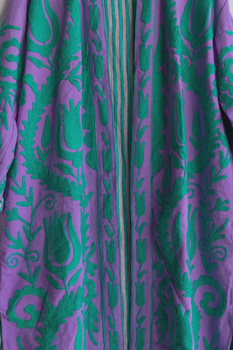 Hand-Embroidered Velvet Suzani Kimono Robe | Purple Floral Boho Duster Jacket Bohozani