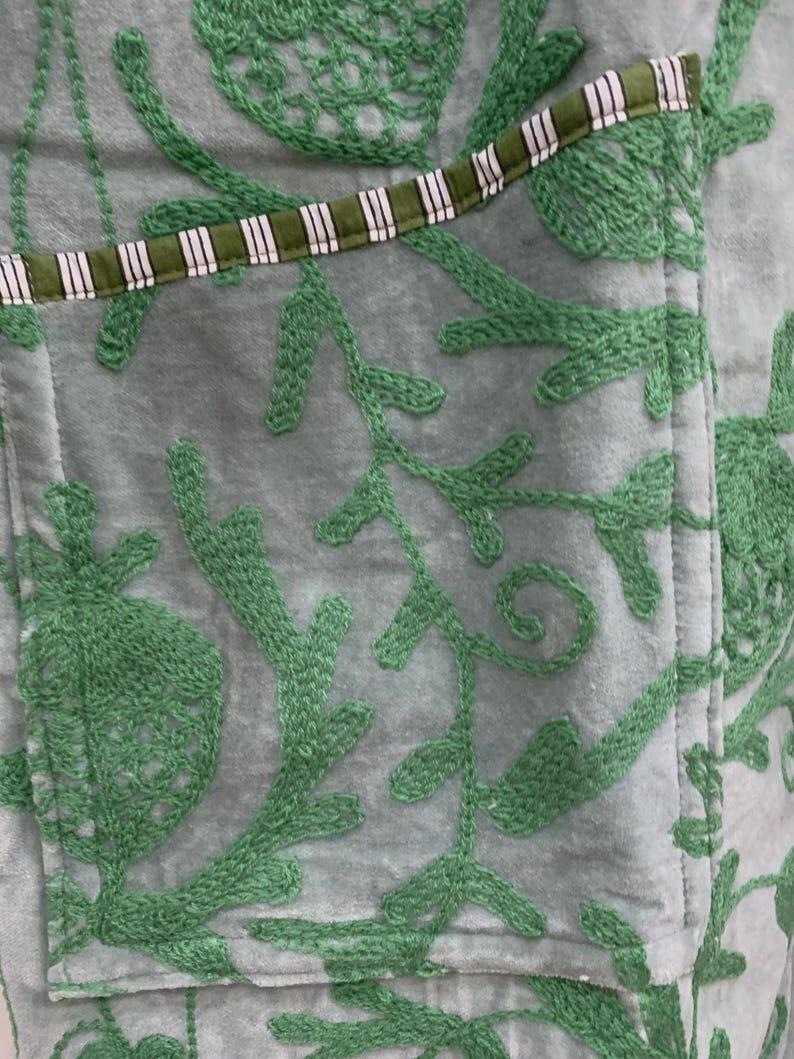 Hand-Embroidered Velvet Kimono Robe | Green Floral Boho Uzbek Duster Jacket Bohozani