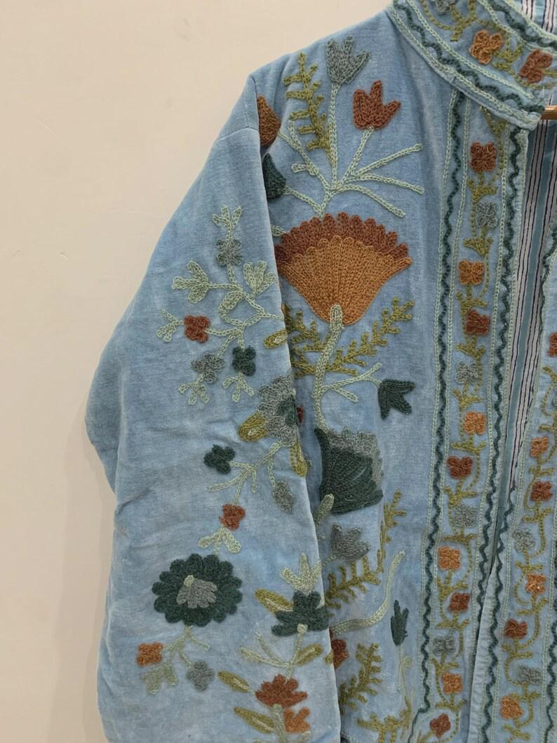 Floral Suzani Embroidered Velvet Jacket, Vintage Boho Coat Bohozani