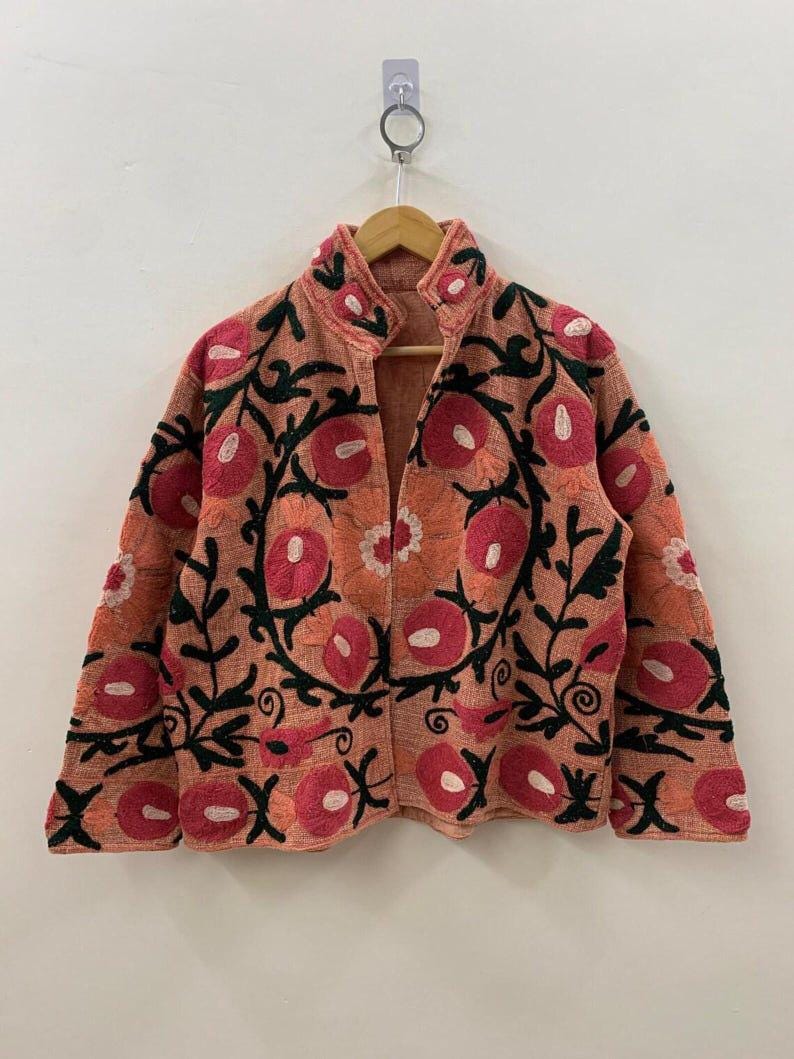 Embroidered Cotton Velvet Suzani Jacket, Floral Folk Art Boho Coat Bohozani