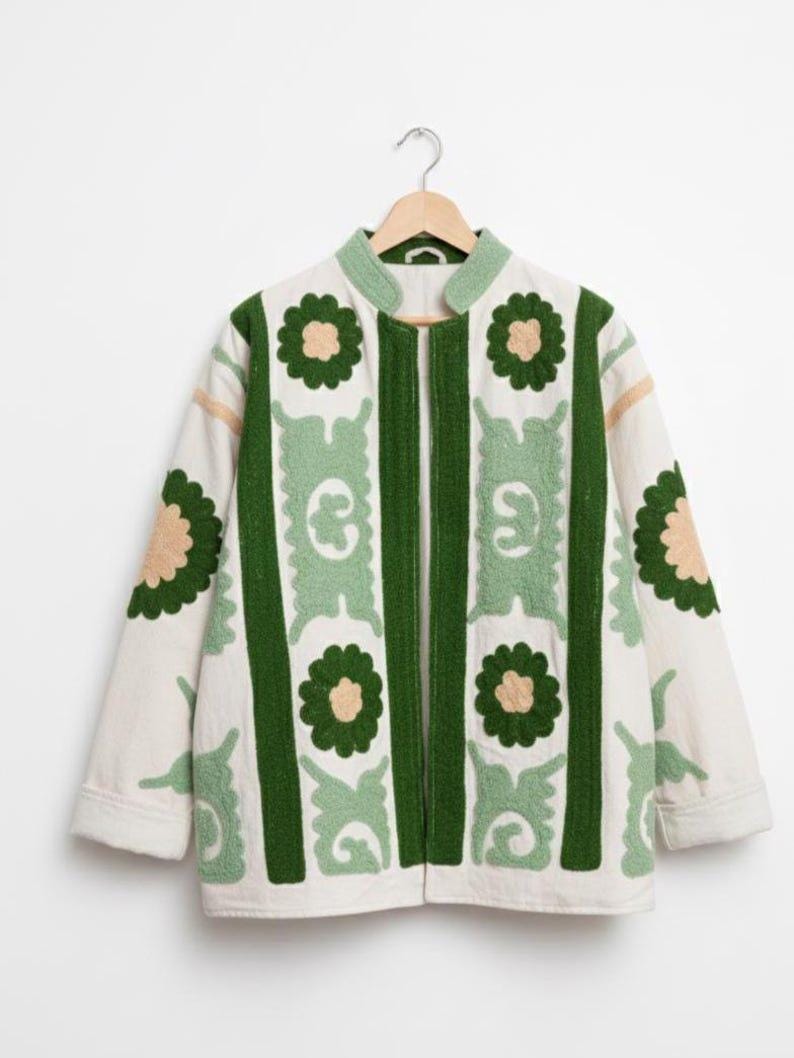 White Velvet Suzani Embroidered Jacket | Bohemian Chic Coat | Warm Outerwear | Gift For Her Bohozani
