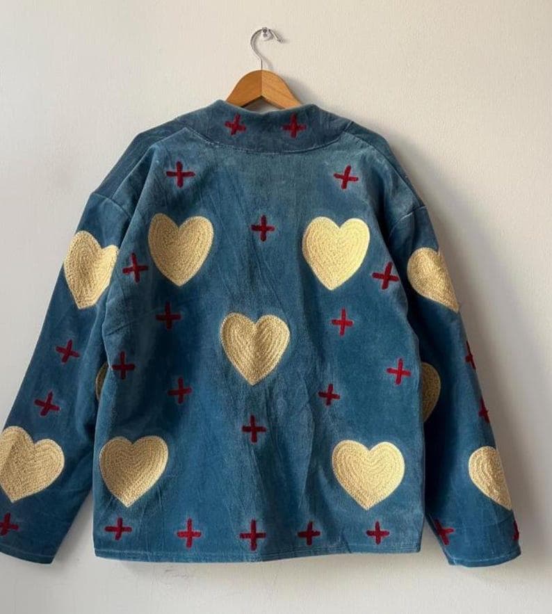 Handmade Suzani Velvet Jacket | Blue Boho Embroidered Heart Coat Bohozani