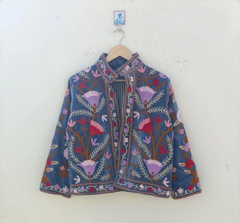 Floral Suzani Velvet Jacket, Hand-Embroidered Boho Ethnic Chic Outerwear Bohozani