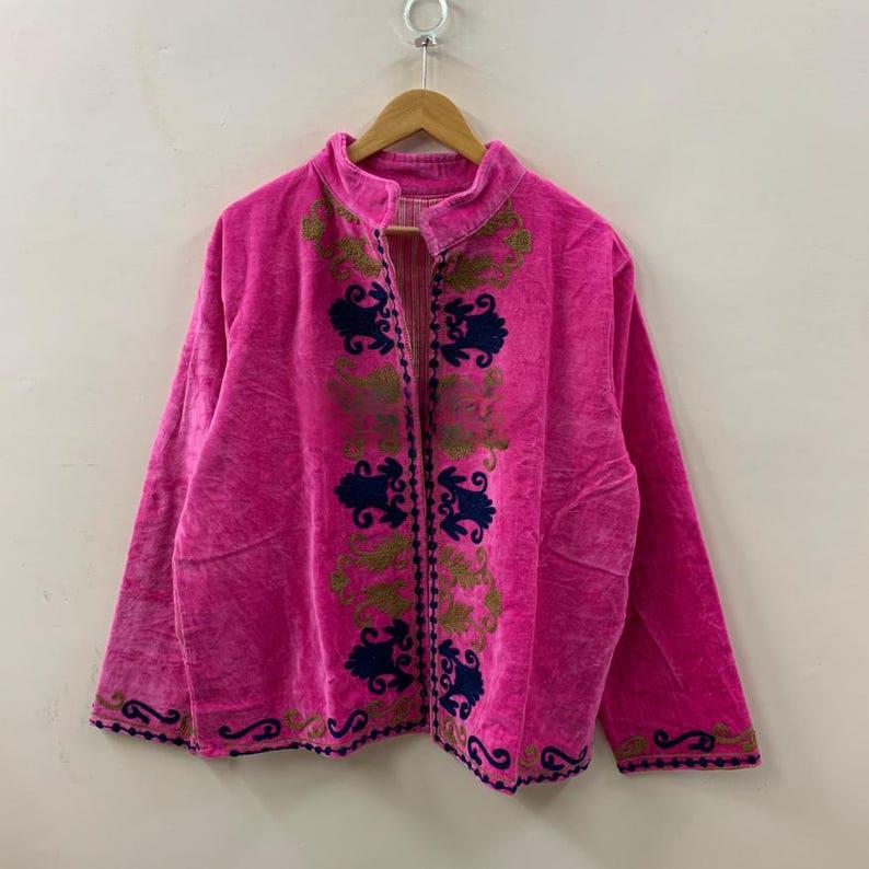 Handmade Pink Velvet Suzani Embroidered Jacket Bohozani