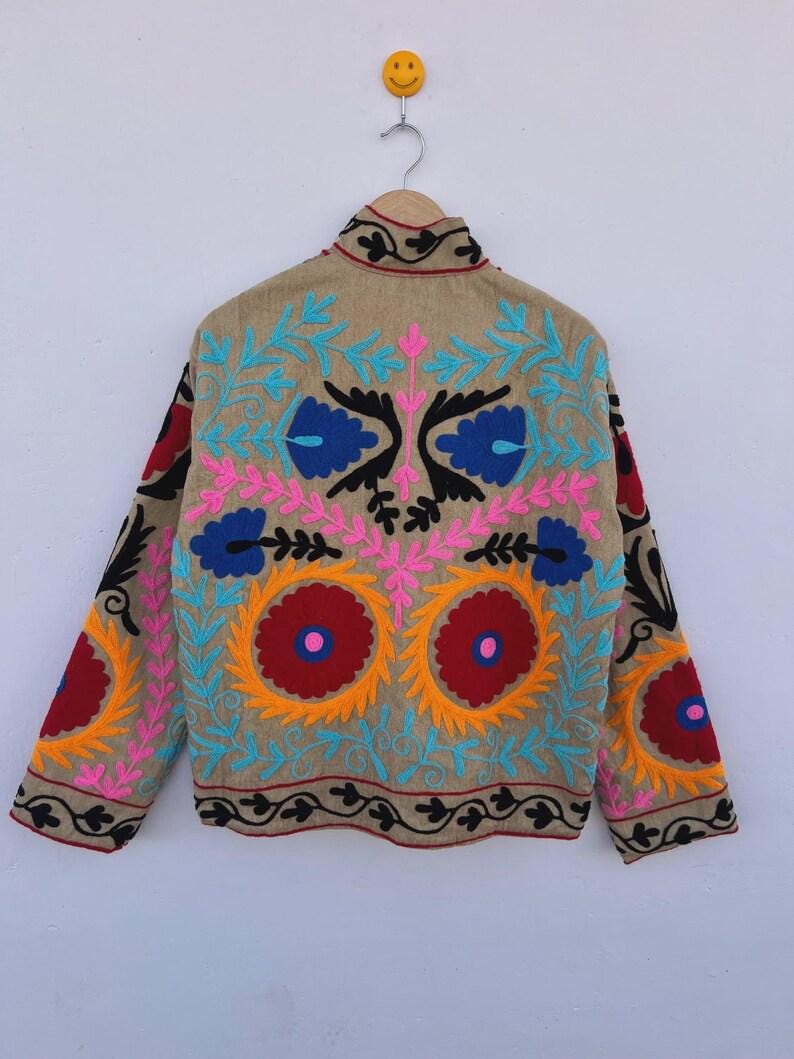 Bohemian Cotton Velvet Suzani Embroidered Jacket, Floral Folk Art Coat Bohozani