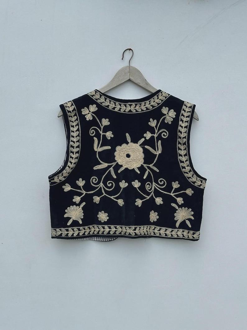 Black Velvet Suzani Vest | Embroidered Floral Boho Waistcoat, Cotton Lined Jacket Bohozani