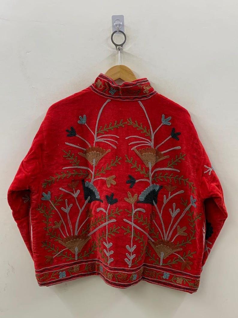 Handmade Orange Velvet Suzani Embroidered Jacket Bohozani