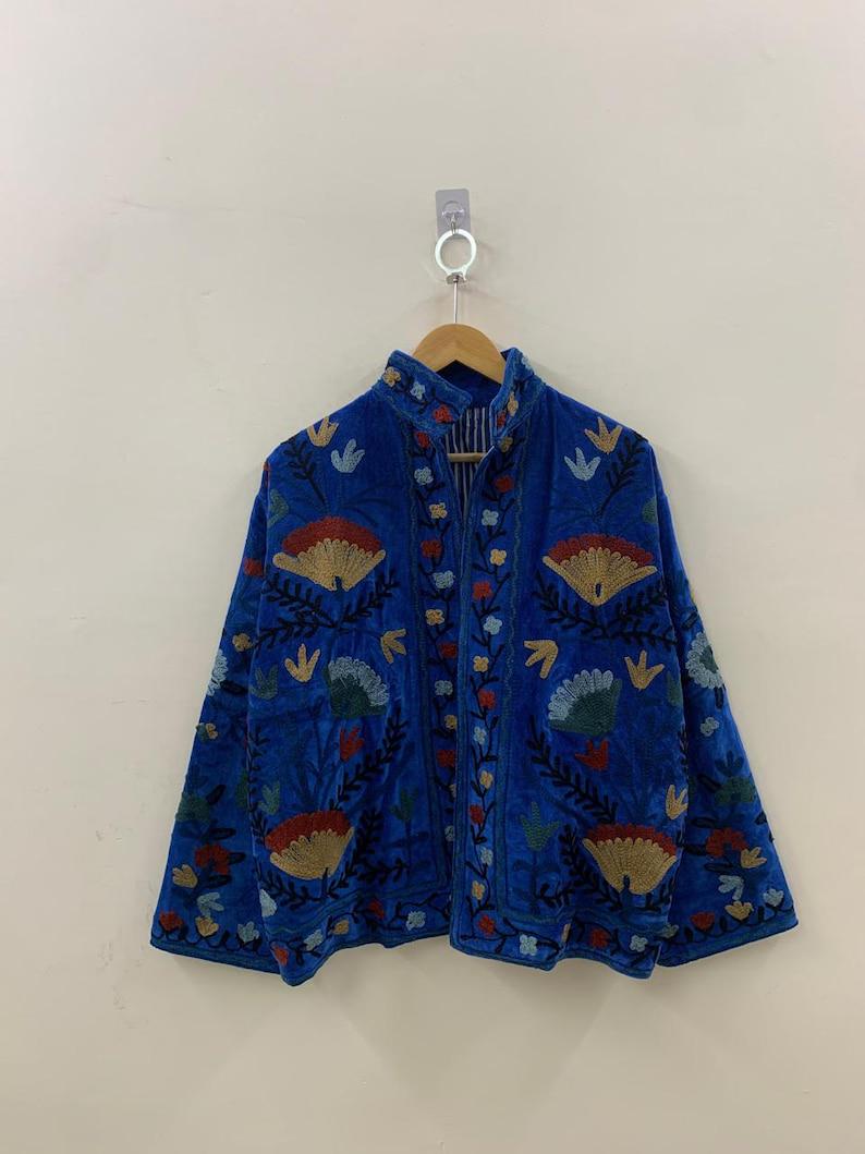 Blue Velvet Suzani Jacket – Hand-Embroidered Boho Ethnic Kimono Outerwear Bohozani