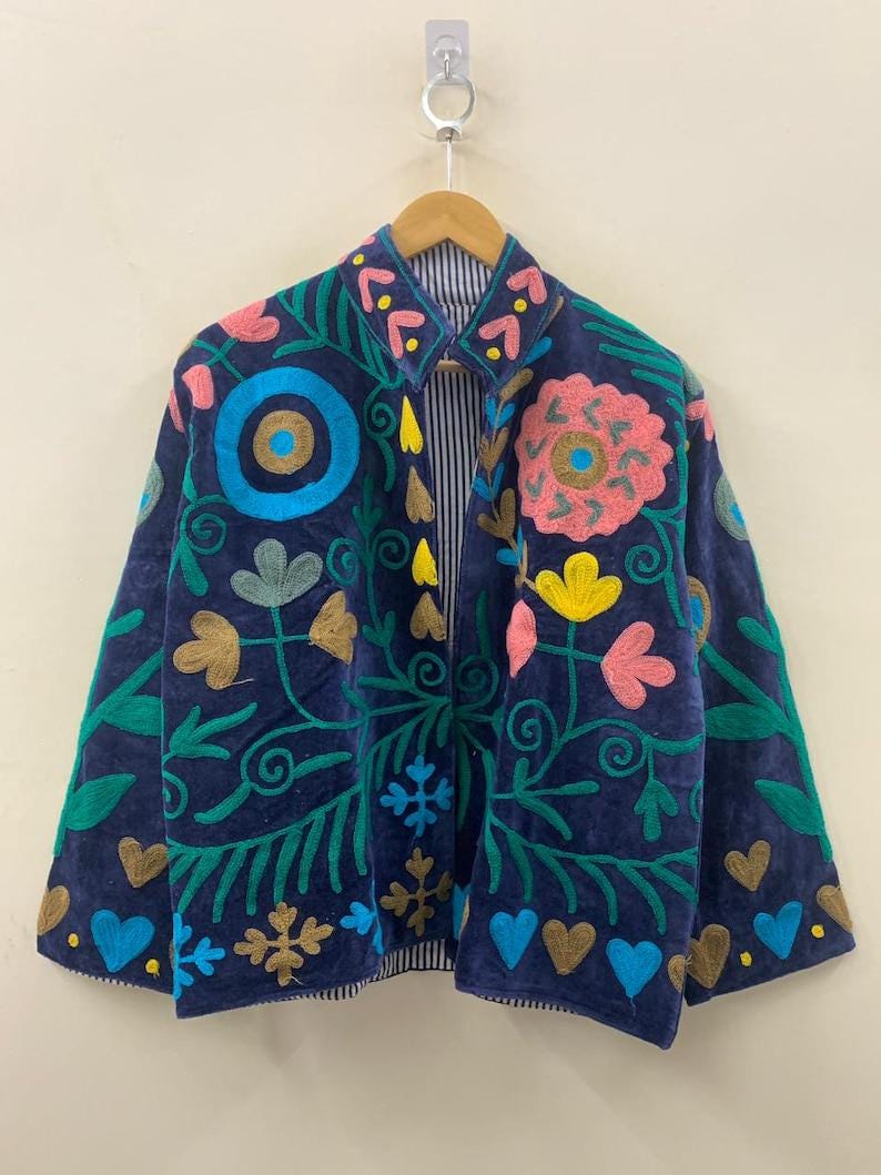 Velvet Suzani Jacket – Hand-Embroidered Floral Folk Coat – Boho Ethnic Outerwear Bohozani