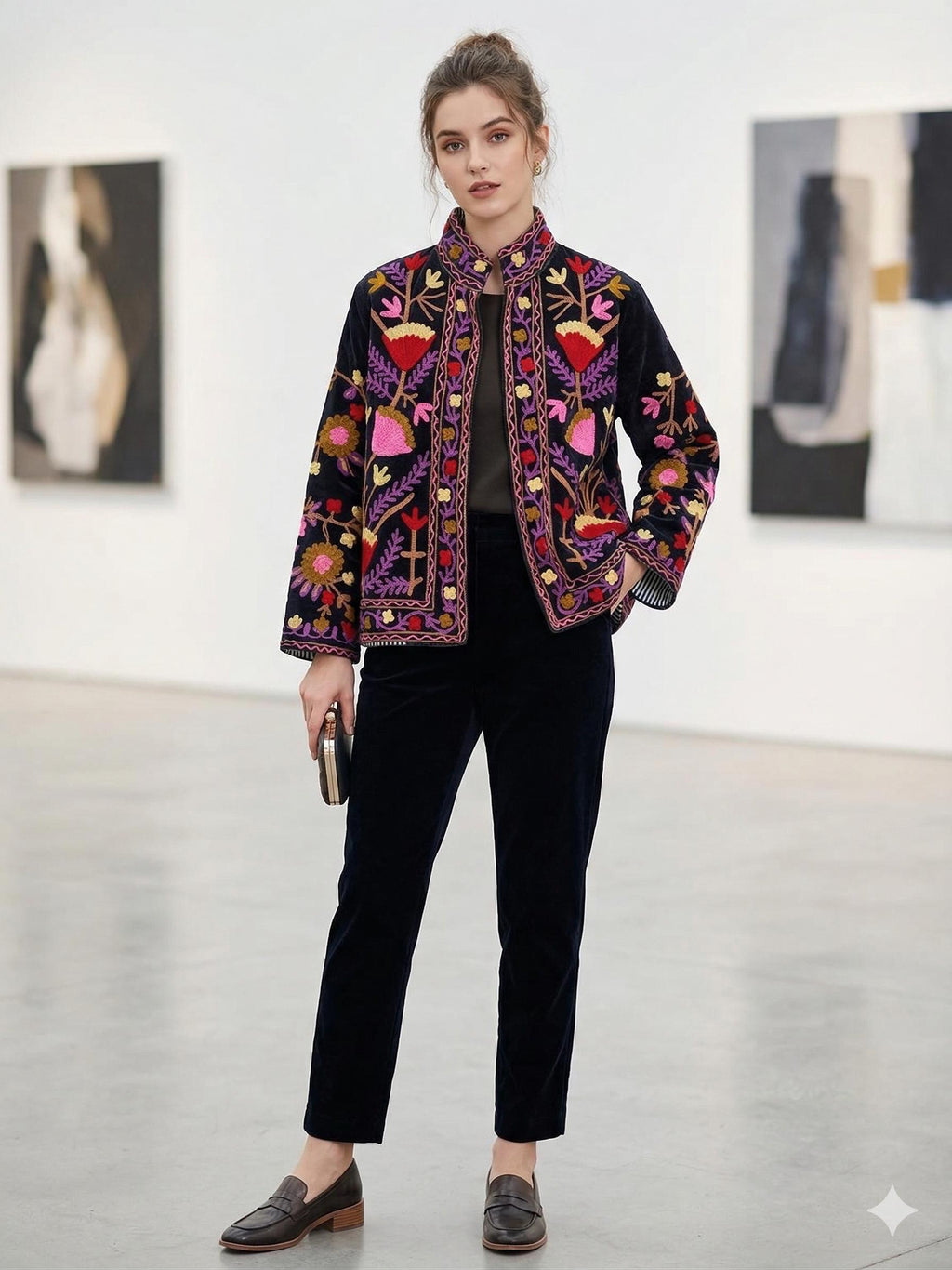 Coachella Festival Style Girl Jean Jacket, The Back is Decorated with Embroidered Rose Flower Patterns Bohozani