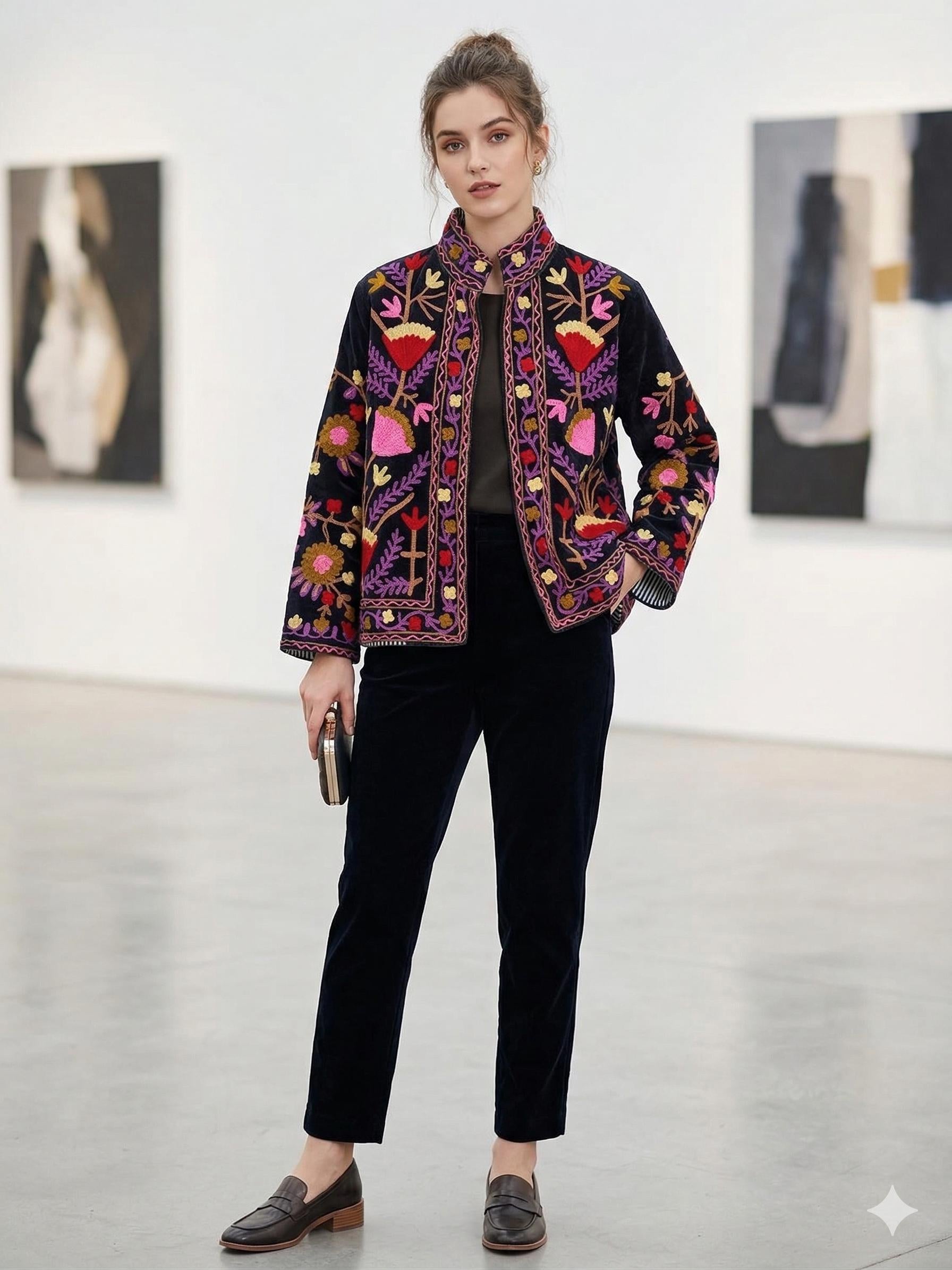 Coachella Festival Style Girl Jean Jacket, The Back is Decorated with Embroidered Rose Flower Patterns Bohozani