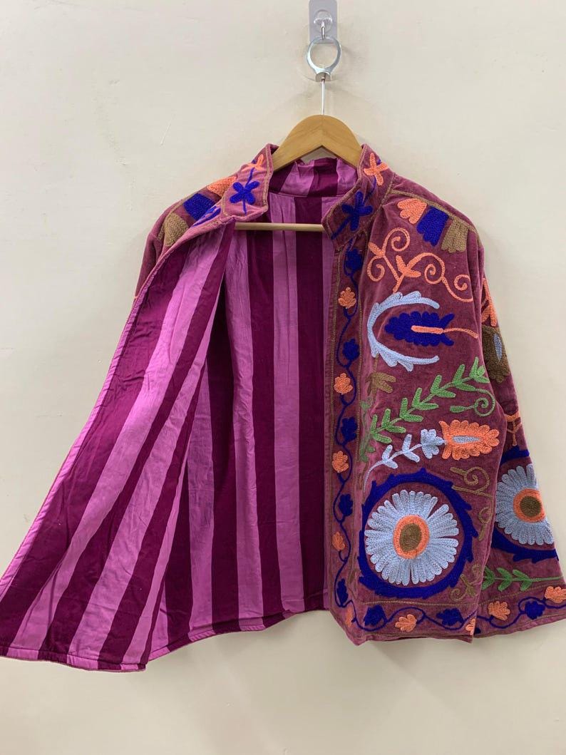 Unique Handmade Floral Velvet Suzani Embroidered Jacket Bohozani