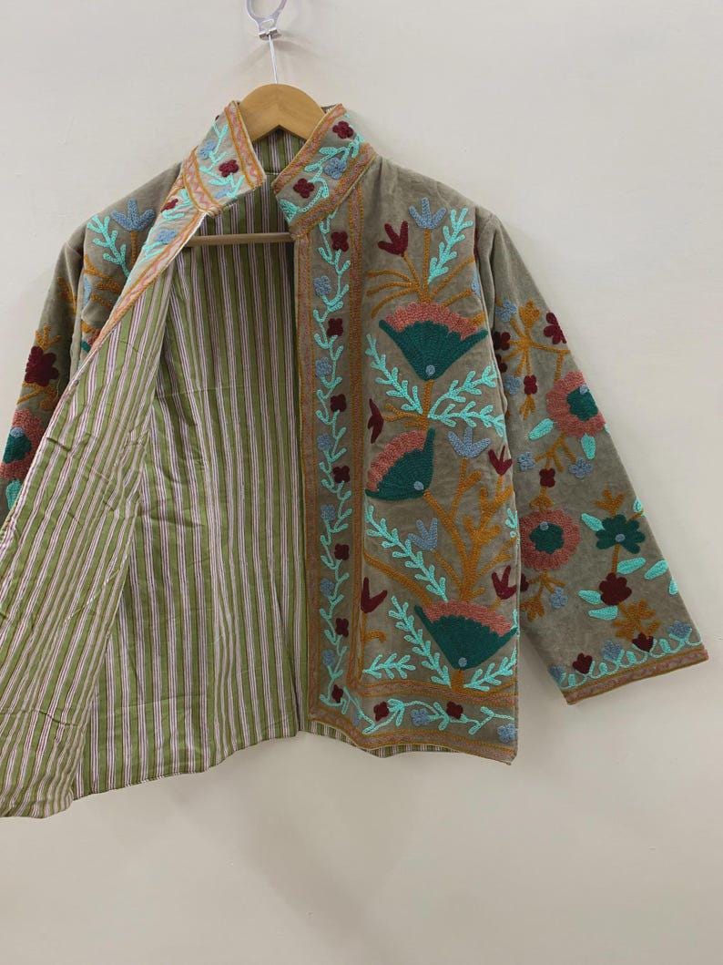 Handcrafted Velvet Suzani Jacket | Floral Embroidered Boho Cropped Outerwear Bohozani