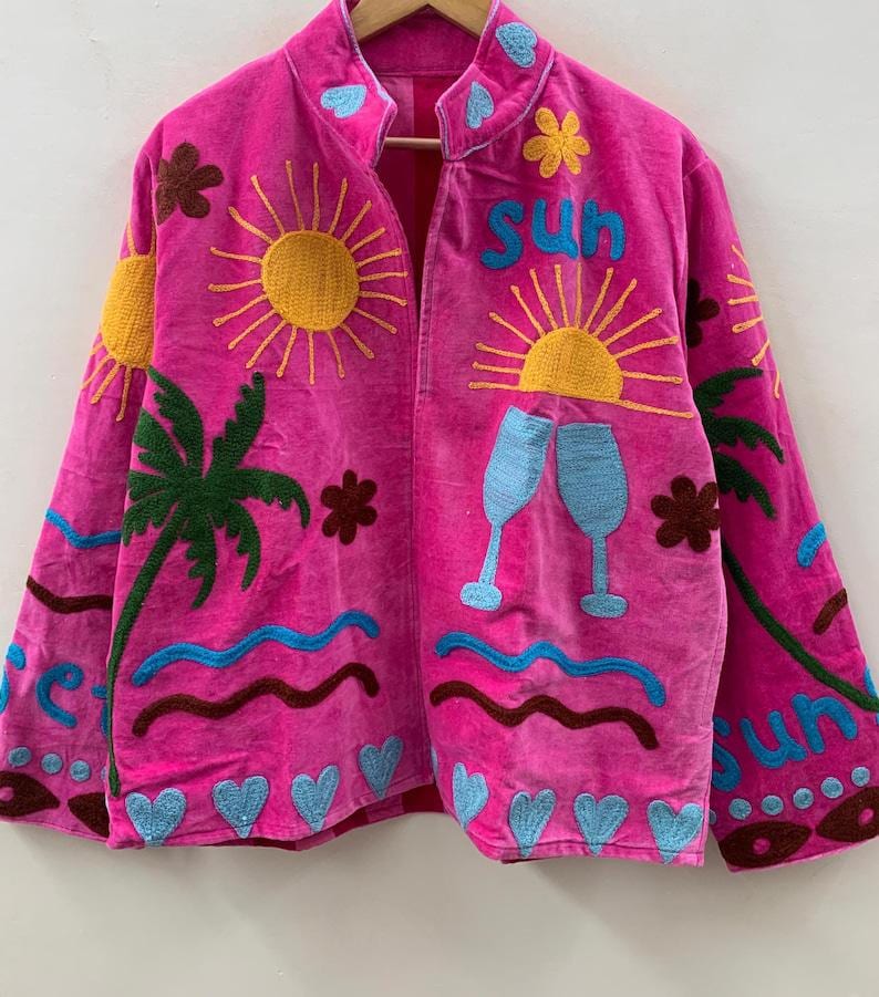 Embroidered Velvet Suzani Jacket | Bohemian Floral Print Coat, Festival Outerwear Bohozani