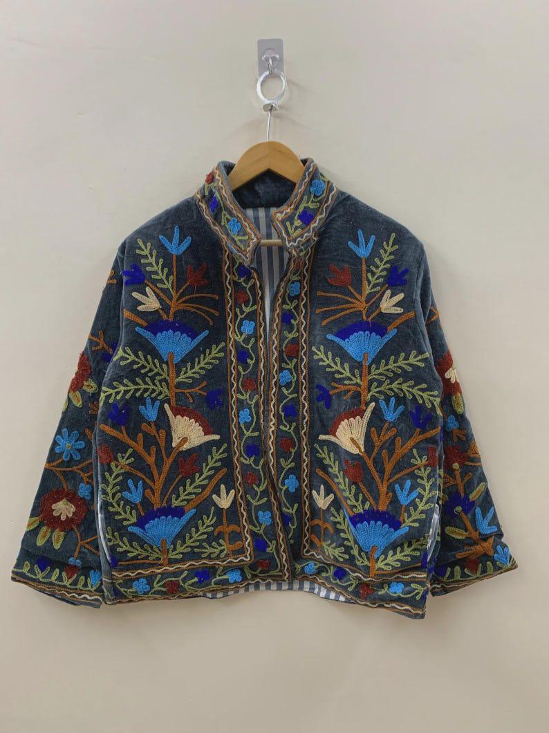 Grey Floral Velvet Suzani Jacket – Hand-Embroidered Boho Ethnic Kimono Outerwear Bohozani