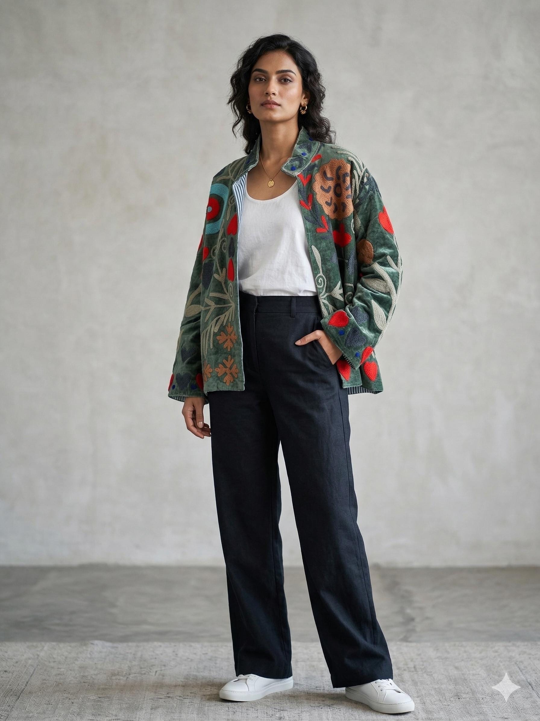 Unique Handmade Floral Velvet Suzani Embroidered Jacket Bohozani