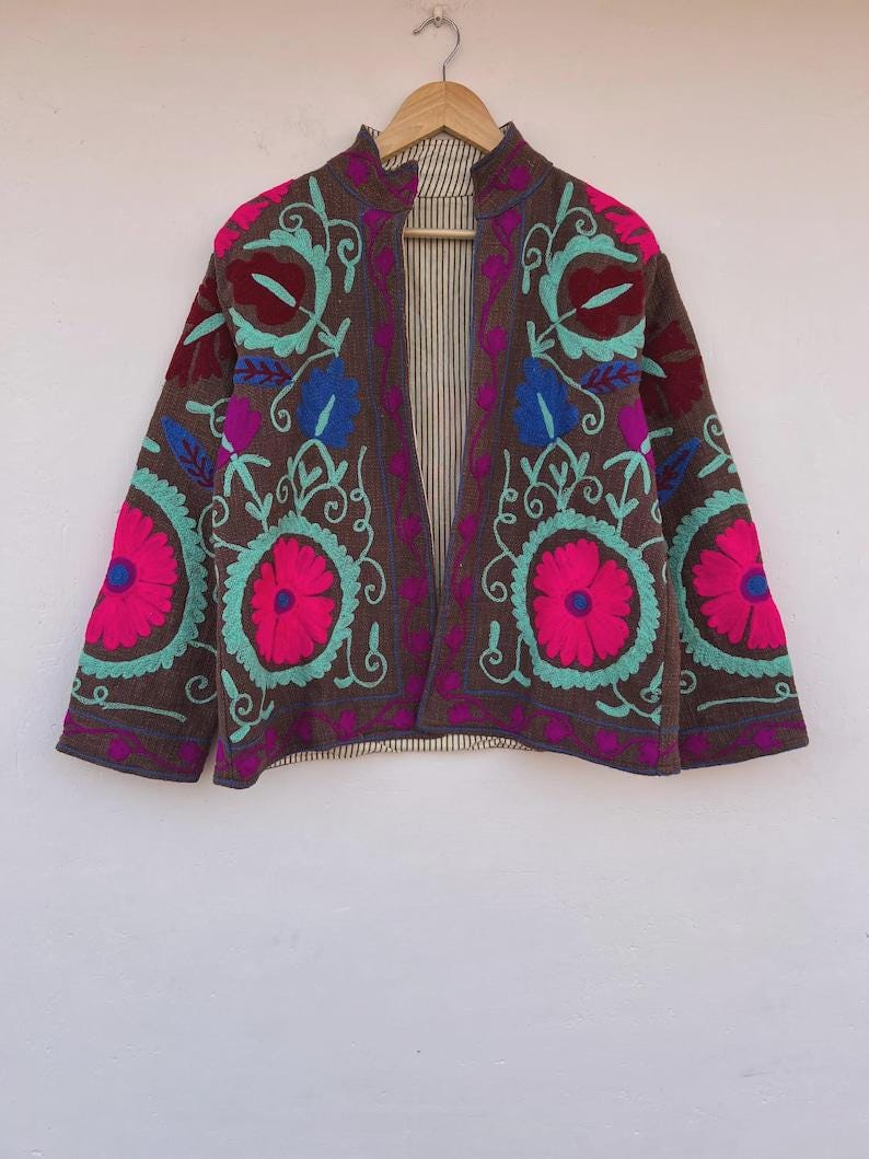 Embroidered Cotton Velvet Jacket | Floral Folk Art Boho Coat Bohozani