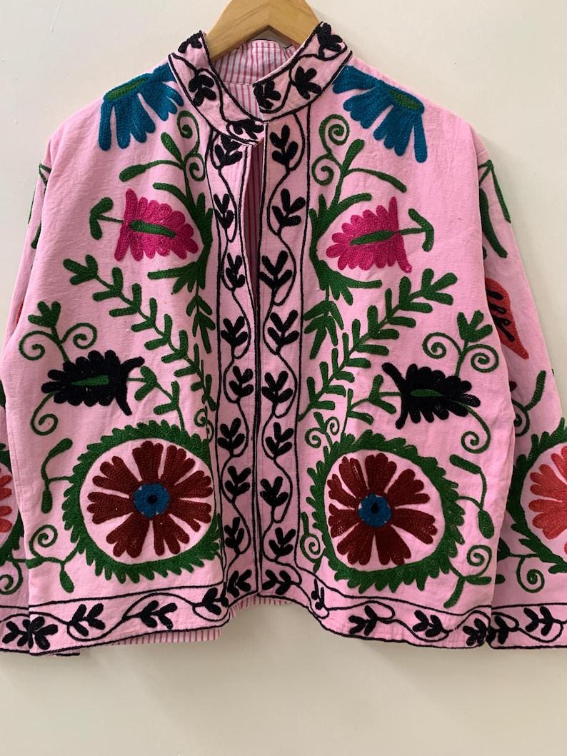 Pink Suzani Embroidered Velvet Jacket – Boho Floral Kimono Coat Bohozani
